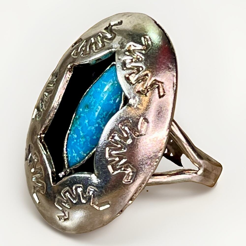 Old Pawn Navajo Shadowbox Sterling Silver Turquoise Statement Ring Size 8